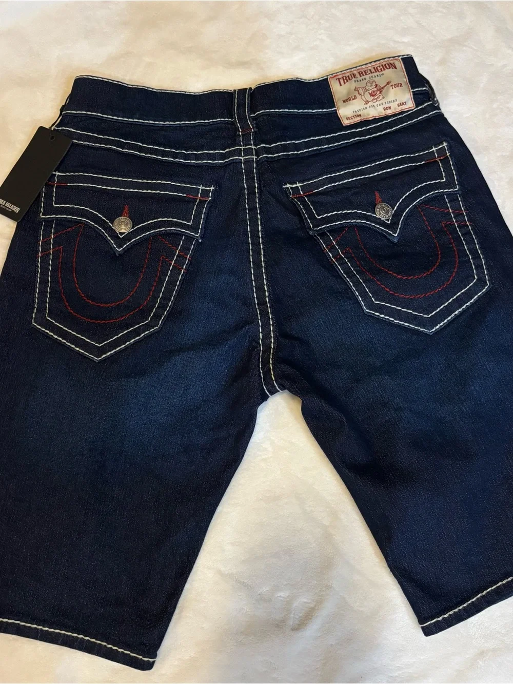 True Religion Men’s Dark Indigo Denim Shorts with Contrast Stitching